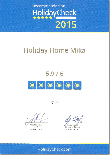 Holidaycheck Auszeichnung 2015 für das Ferienhaus Mika