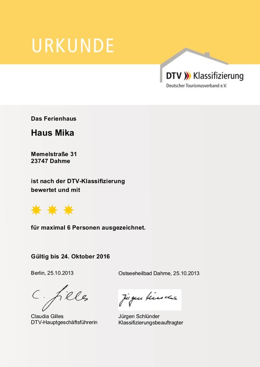 Der Deutsche Tourismusverband zeichnet das Haus Mika mit 3 Sternen aus