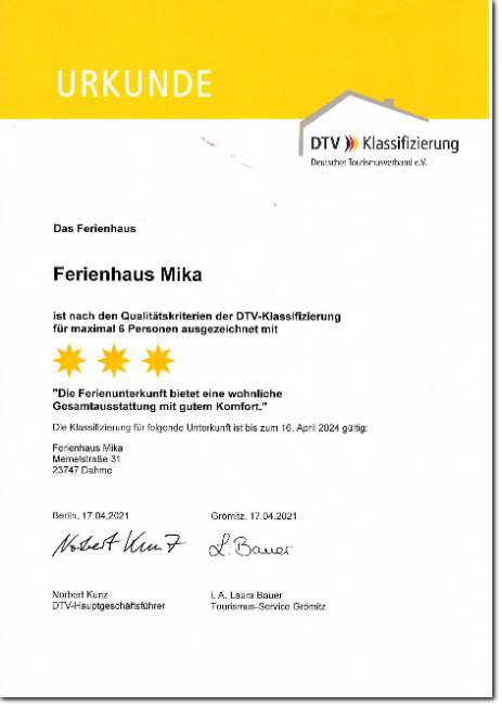3 Sterne für das Ferienhaus MIka