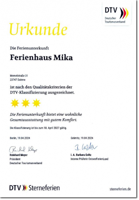 3 Sterne für das Ferienhaus MIka